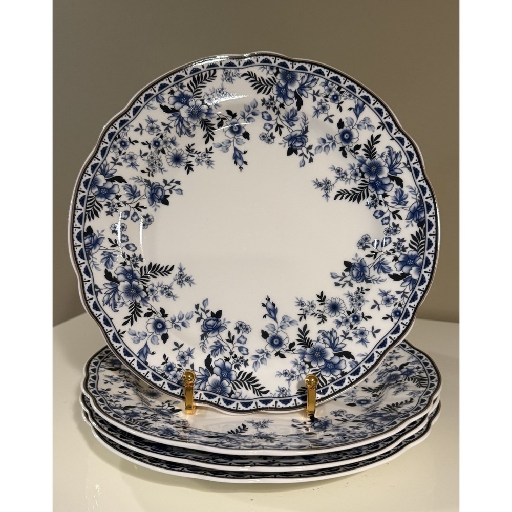 Grace Teaware Fine Porcelain Salad Plates 8in Blue Floral Set of 4 NEW Scalloped